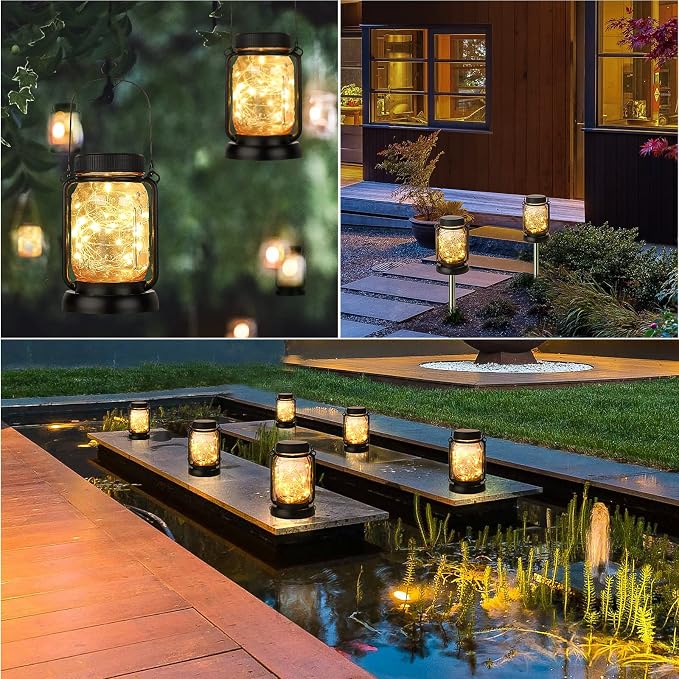 4 Pack Solar Mason Jar Hanging Lantern with Stakes, Warm White | Solar Fairy String Lights, Vintage Glass Lamp, Waterproof, Bright, for Indoor Outdoor Halloween Garden Patio Pathway Yard