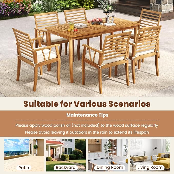 HAPPYGRILL Outdoor Acacia Wood Dining Table for 4-6 People, Patio Furniture Table with Umbrella Hole & Cover, 63” Slatted Tabletop, for Backyard, Patio, Deck, Porch