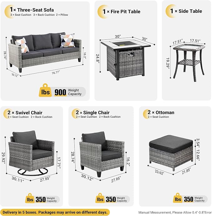 ovios 9 Pieces Patio Furniture Set with Square Fire Pit Table, Outdoor Swivel Rocking Chairs, High Back Wicker Rattan Conversation Set for Deck Porch, Black