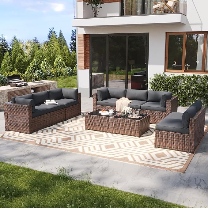 LazySunsets 10 Piece Outdoor Patio Furniture Set with Coffee Table, Outdoor Patio Furniture Sets with 4'' Thicken Cushion, Wicker Rattan Outdoor Conversation Set for Backyard, Grey