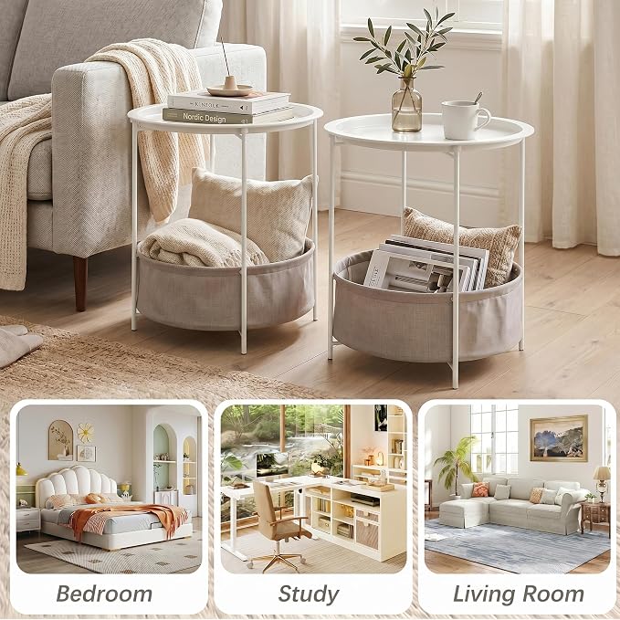VECELO Round Side/End Table with Fabric Storage Basket，Metal Anti-Rust and Waterproof Small Bedside Nightstand with Removable Tray Top for Living Room，Balcony & Laundry，Beige/1pcs with Basket