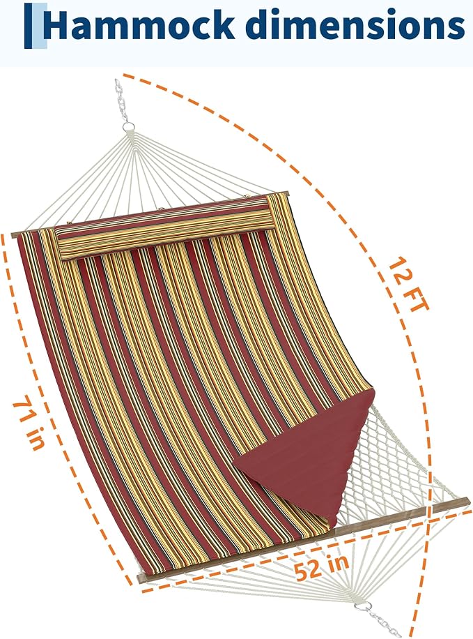 2 Person Hammock with Stand - Cotton Rope & Padded Polyester Mat - Adjustable Steel Frame - Outdoor Comfort for Patio, Backyard, Garden, Beach - Red & Yellow Stripes