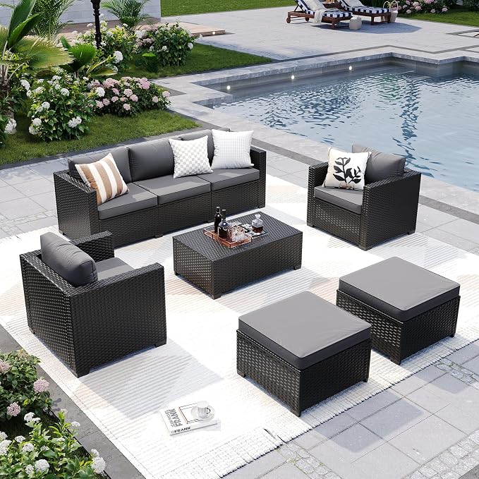 LazySunsets 6-Piece Outdoor Patio Furniture Set, Rattan Outdoor Sectional with Thick Waterproof Cushions, Wicker Ottomans & Waterproof Cover, Patio Conversation Set for Garden, Backyard, Grey