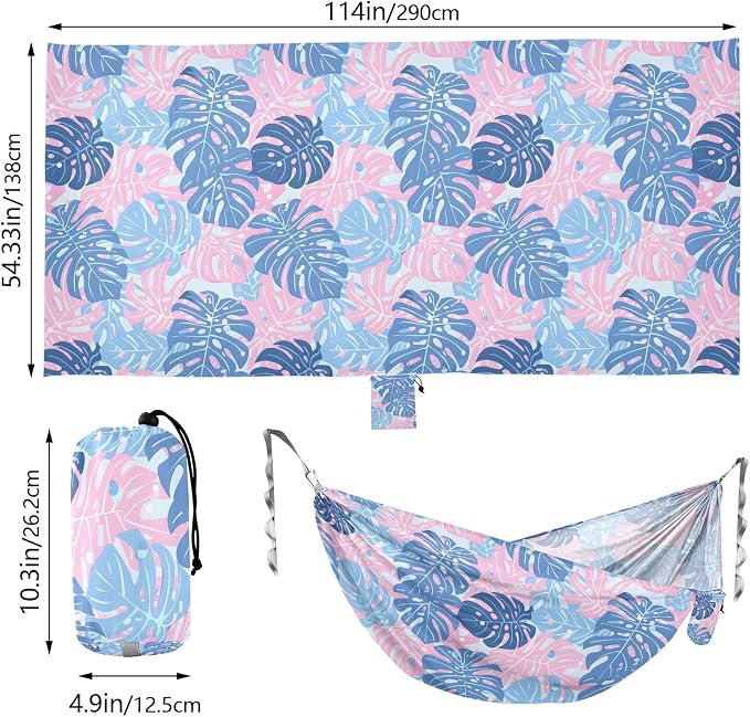 Camping Hammock Outdoor Hammocks for Outside Blue Pink Monstera Leaves Beach Trees Portable Lightweight with Pockets Tree Straps Indoor