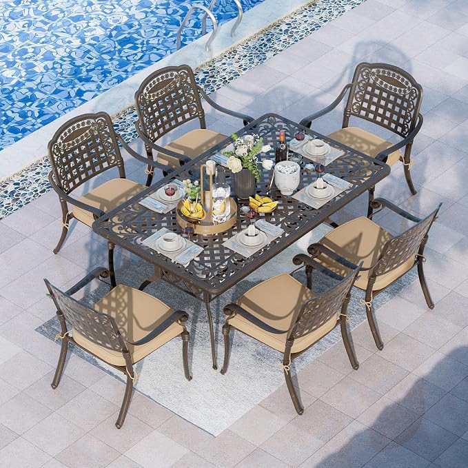 Grepatio 7 Piece Patio Dining Set Outdoor Dining Table Set Cast Aluminum Furniture Set with 6 Dining Armchairs and Dining Table, 6 Cushions Included for Backyard Garden Deck Poolside