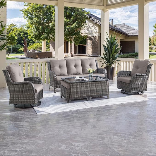 HUMMUH Patio Furniture 6 Pieces Outdoor Furniture Set Wicker Outdoor Sectional Sofa with Swivel Rocking Chairs,Patio Ottomans,Patio Coffee Table