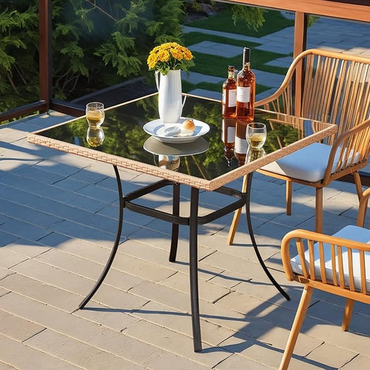 35.2-Inch Square Outdoor Dining Table, Weather-Resistant Rattan & Steel Frame with Tempered Glass Top, 4-Person Patio Furniture for Garden, Balcony, Backyard, Modern Black Bistro Table(Only Table)