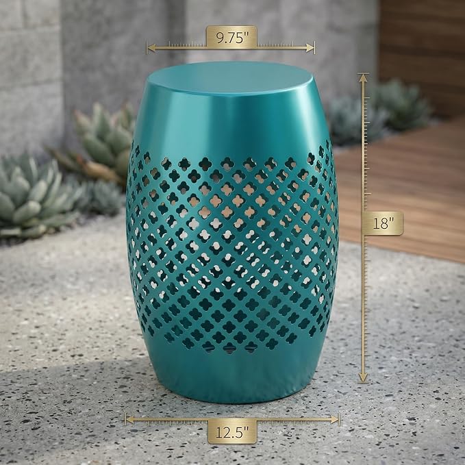 Teal Steel Outdoor Side Table, 12.5" Round Hollow Drum Patio End Table with Geometric Lattice Design, Decorative Metal Accent Table for Garden, Balcony, Living Room, No Assembly
