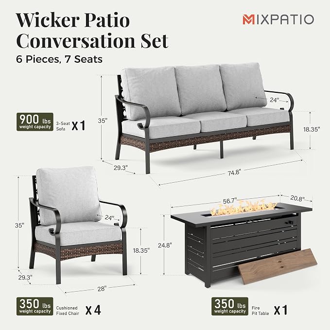 MIXPATIO Patio Furniture Set with Fire Pit Table, Metal Outdoor Conversation Set with 5.75'' Extra Thick Cushion, 4 Leg Chairs, 3-Seat Sofa and Gas Fire Pit Table, Light Grey