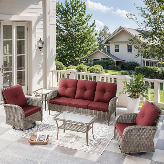 5 Pieces Wicker Patio Furniture Set-Outdoor Swivel Rocker Patio Chairs Patio Sofa Set with Tempered Glass Top Outdoor Coffee Table for Deck Lawn Porch Balcony Poolside-Grey/Red