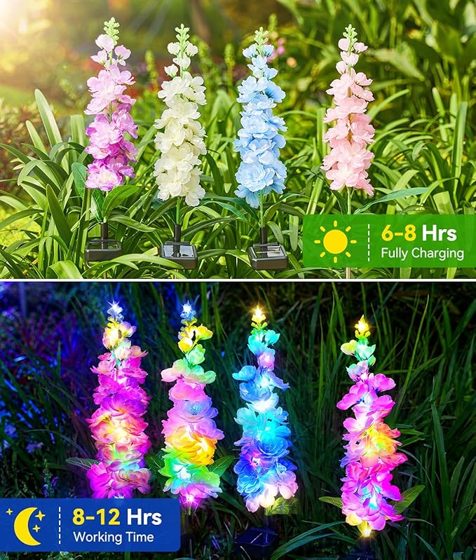 KOOPER Solar Lights Outdoor Garden Decor, 4 Pack Upgraded Delphinium Solar Garden Lights with 36 Colorful LEDs, Vivid Flowers Outdoor Waterproof for Landscape Patio Yard Decor