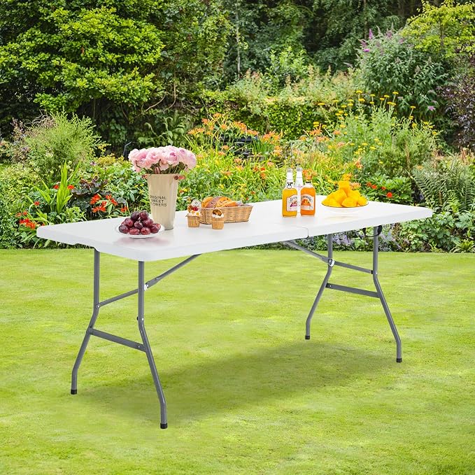 Nightcore White 6' Plastic HDPE Folding Table, Indoor Outdoor Utility Portable Picnic Party Dining Camp Rounded Corners & Handle, Off White