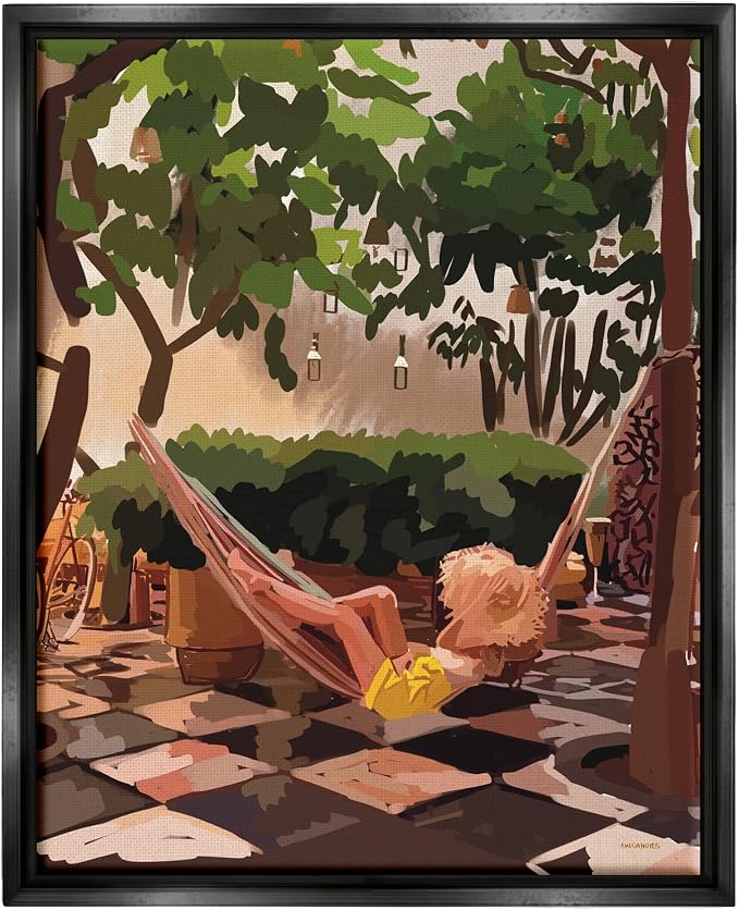 'Woman Lounging Hammock Tropical Summer'| Floating Frame Canvas Art | Stupell Industries | Black, 17 x 21 Inches, Easy to Hang and Sturdy, Made in USA, by Amelia Noyes