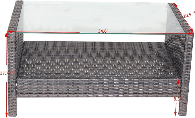 CIATRE Outdoor Patio Furniture Coffee Table with Clear Tempered Glass 34.6X 20.5X 17.7inch (L X W X H)