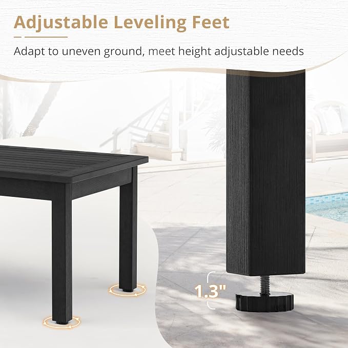 LUE BONA Outdoor Coffee Table, HDPS Black Patio Coffee Tables for Outside Rectangle, Adjustable Levelling Feet/Weather Resistant, Patio Table for Deck, Pool, Balcony, Indoor or Outdoor Use