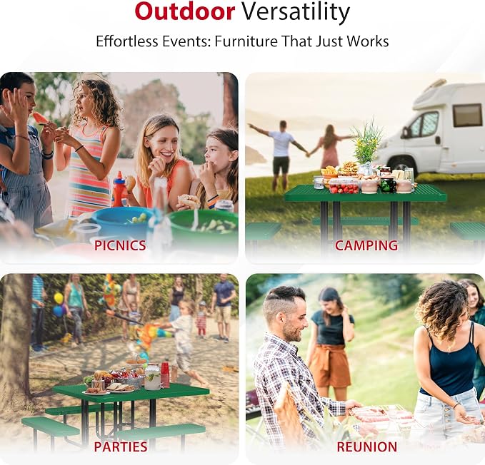 Leisure Craft Metal Picnic Table with Bench - 46" Square Outdoor Dining Table with Umbrella Hole, Heavy Duty Thermoplastic Coating, ADA Compliant, Commercial Grade Furniture Made in USA - Green