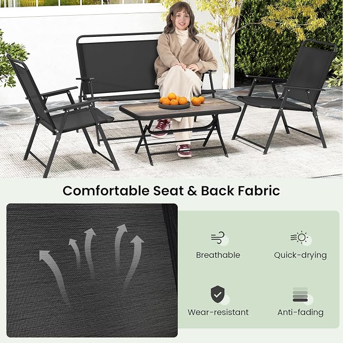 Tangkula 4 Piece Folding Patio Furniture Set, Metal Chair & Table Set with Breathable Fabric Seat, Outdoor Sectional Conversation Set with 2 Patio Chairs, Loveseat, Coffee Table for Yard Porch Deck