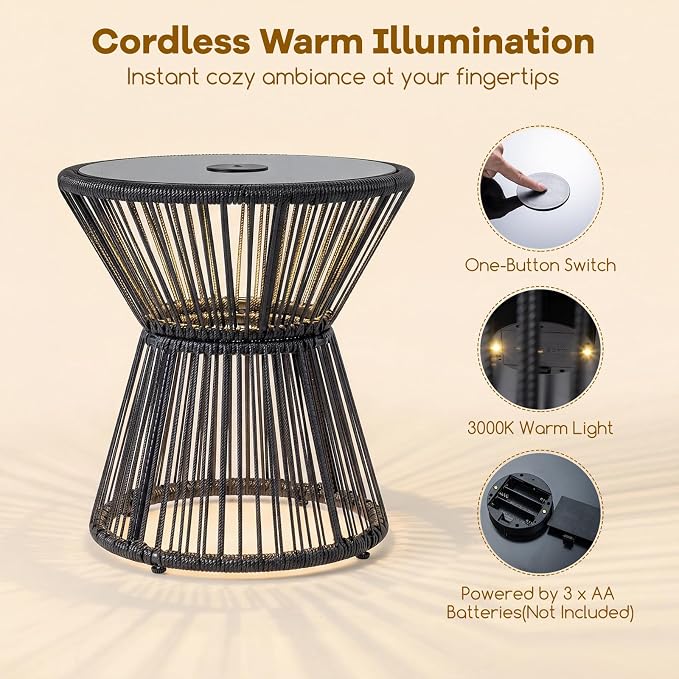 Tangkula Outdoor Side Table with LED Warm Light, PE Rattan Hourglass-Shaped End Table with Tempered Glass Top, Battery Operated Accent Coffee Table for Patio, Porch, Balcony & Living Room (2)