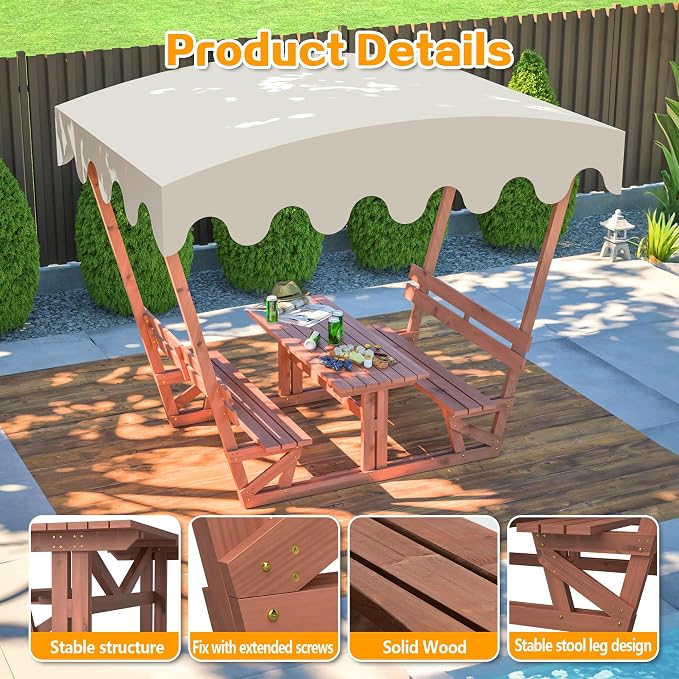 Outdoor Solid Wood Picnic Table with Bench Set & Removable Waterproof Canopy, All-Weather Commercial Camping Table for School, Patio Garden Deck Park Beach, Brown