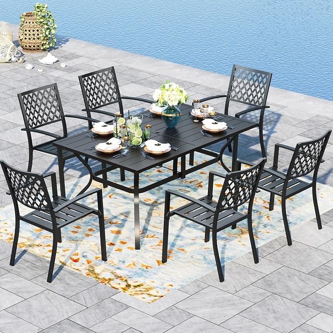 PHI VILLA 7 Piece Metal Outdoor Patio Dining Bistro Sets with Umbrella Hole, 60.2" x 37.8" Rectangle Patio Table and 6 Backyard Garden Outdoor Chairs, Black