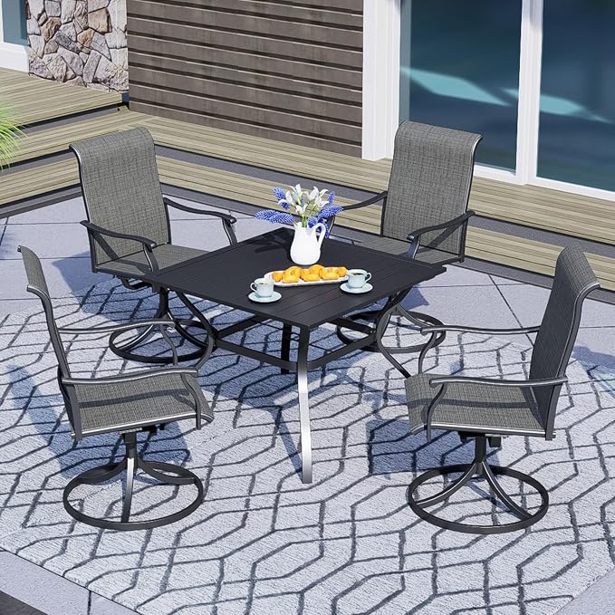 5 PCS Brown Gray Mixture Swivel Chairs, 35" Square Table Outdoor Dining Set | High Back, Retro Armrest, Textilene Fabric, All Weather, Rocking, Swivel Chairs, 35'' Square Table, Metal Top and Frame