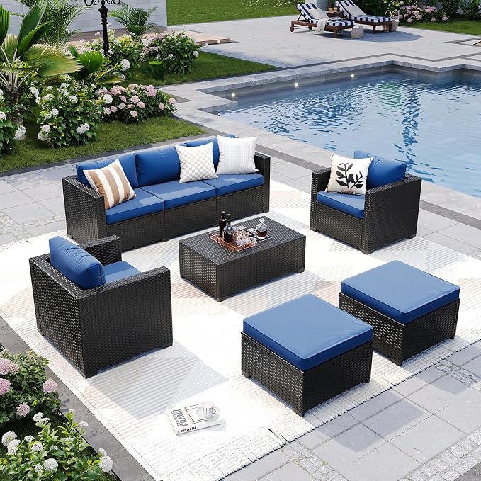 LazySunsets 6-Piece Outdoor Patio Furniture Set, Rattan Outdoor Sectional with Thick Waterproof Cushions, Wicker Ottomans & Waterproof Cover, Patio Conversation Set for Garden, Backyard, Navy Blue