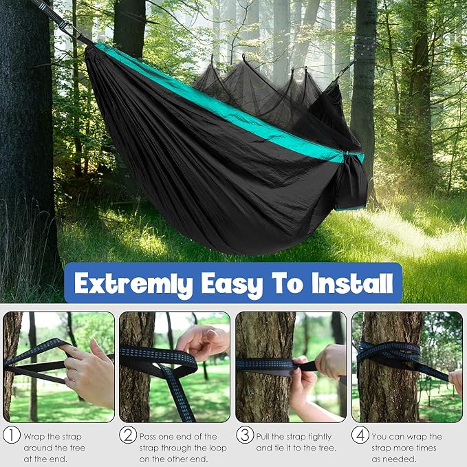 Gold Armour Camping Hammock - Camping Essentials, Double Hammock with Bug Net, Camping Gear Hammock for Outside, Hiking, and Travel (Black & Seafoam)