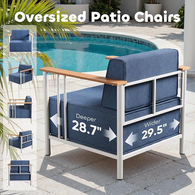 Luxury Patio Furniture Set with 10" Extra Thick Cushions, 8 PCS Outdoor Furniture Set with Patio Chairs & Couch & Coffee Table, Suitable for Porch, Balcony, Deck, Yard, Poolside, White/Blue