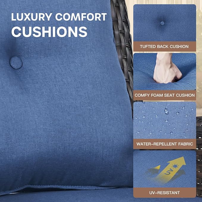 Patio Loveseat Glider Set, Resin Wicker Loveseat Glider with 4 Swivel Patio Chiars Coffee Table, 6 Piece Patio Conversation Set PE Rattan Loveseat Set, Brown Wicker|Blue Cushions