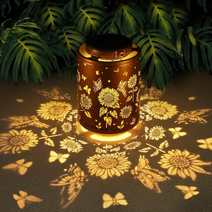 Solar Outdoor Lanterns Garden Decor LED Light Hanging Waterproof | Butterflies Solar Metal Lantern Gifts for Women Mon Grandma Sunflower Solar Lights Outdoor Decoration for Yard