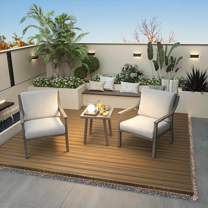 3-Piece Patio Conversation Set Aluminum for Outdoor Porch, Deck,(Grey) | All-Weather Aluminum Outdoor Conversation Set 1 Side Table and 2 Cushioned Armchairs rustproof