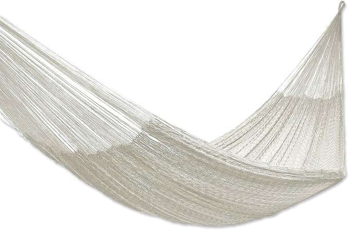 NOVICA Artisan Natural Comfort Cotton Hammock, Handcrafted Ivory and White Solid Mayan Rope Style, Mexico | Bed 78 L x 70 W, Total 158 L