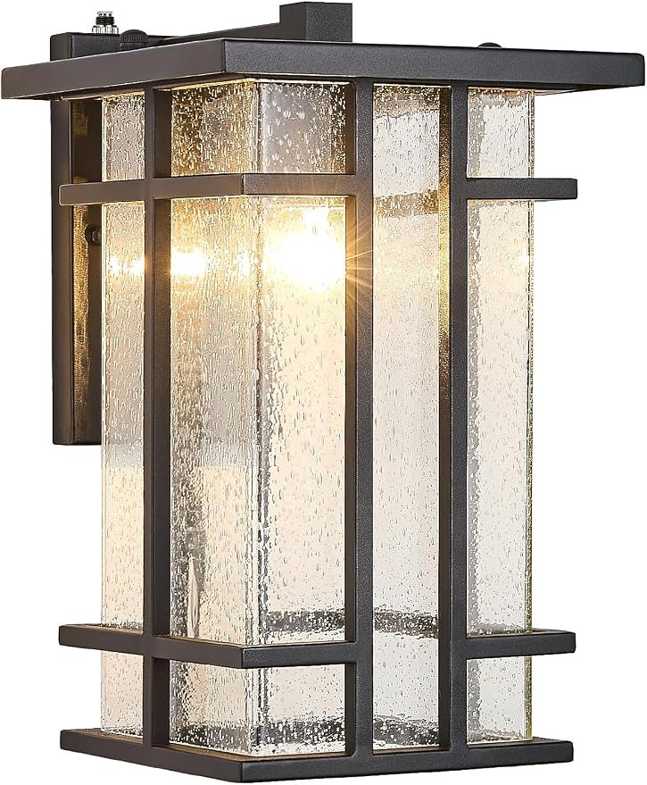 Rustic Dusk to Dawn Outdoor Wall Light Fixture 13.8"H Waterproof Exterior Wall Sconces Black Metal with Seeded Glass Sensor Outdoor Wall Lantern for House Patio Porch,Entryway,Garage Wall Lamps