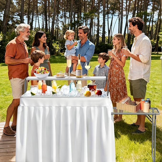 Ice Cooler Folding Table with Metal Side Desktop, Double-Layer Party Chilling Table with Drain and Detachable White Skirt to Keep Drinks Cool, Ice Bar for Weddings, Outdoor, Picnics，Pool