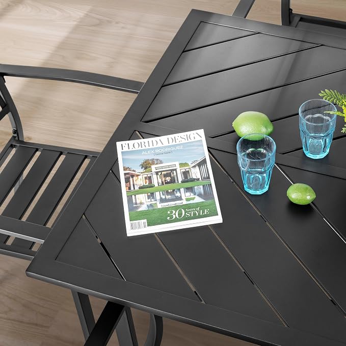 NUU GARDEN Outdoor Rectangle Dining Table, 61'' x 37'' Splice Tabletop with 1.77'' Umbrella Hole, Powder-Coated Iron Frames, for Outdoor or Indoor Space, Patio, Deck, Garden, Backyard, Kitchen, Black