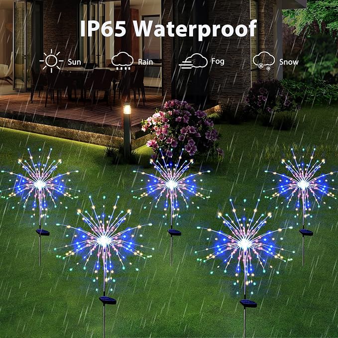 Solar Garden Firework Lights Outdoor Waterproof 4 Pack 120 LED Sparklers Solar Lights for Outside Patio Backyard Yard Pathway Walkway Decorations 4th of July Decorations (Colorful)