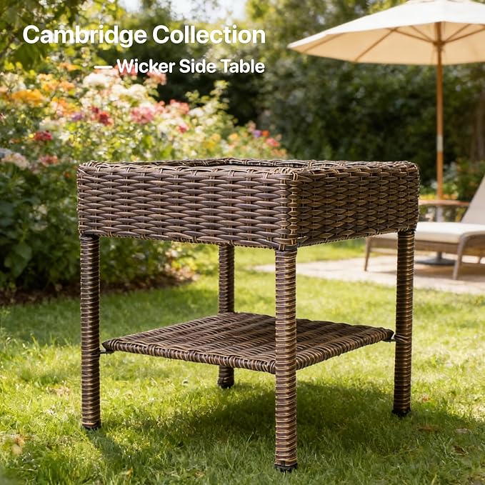 Cambridge Outdoor Wicker Side Table, 2-Tier All-Weather HDPE Rattan Patio End Table with HIPS Tabletop and Storage Shelf for Garden Porch Deck, Brown