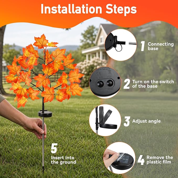 Fall Decorations Outdoor Solar Lights, 2Pcs Thanksgiving Lights 40LED 80 Maple Leaves Stake Light Waterproof 8 Lighting Modes for Autumn Patio Garden Yard Outside Halloween Thanksgiving Decorations