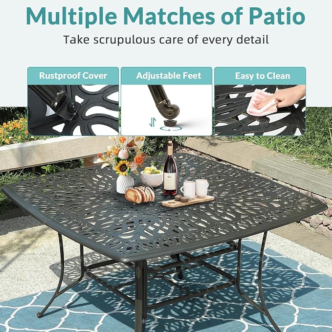 MEETWARM Patio High Bar Dining Table for 8 Person, All Weather Cast Aluminum 64" Large Square High Top Dining Table with 2.2" Umbrella Hole, Patio Bar Height Table for Garden Deck Backyard,Dark Bronze