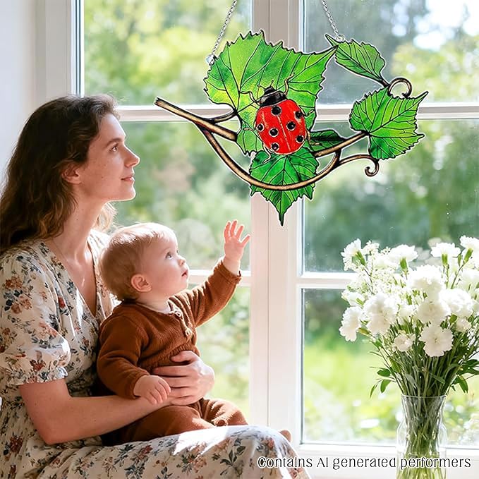 Plant Suncatcher Glass, Stained Glass Suncatcher Plant Window Hanging, Unique Nature Lover Gifts Leaf (Leaves & Ladybug)