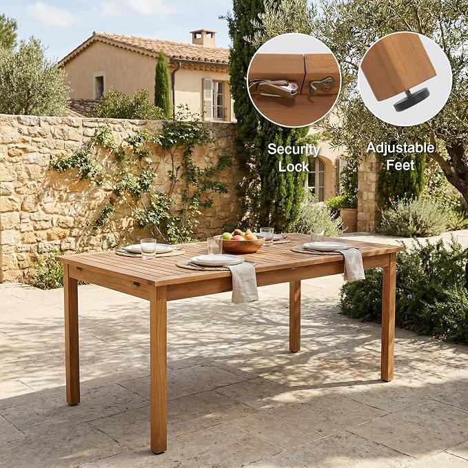 SUNSITT 59"-79" Acacia Wood Patio Dining Table, Large Expandable Outdoor Slatted Table for 6-8 People, Rectangular Outdoor Wooden Dining Table for Patio Lawn Backyard Garden