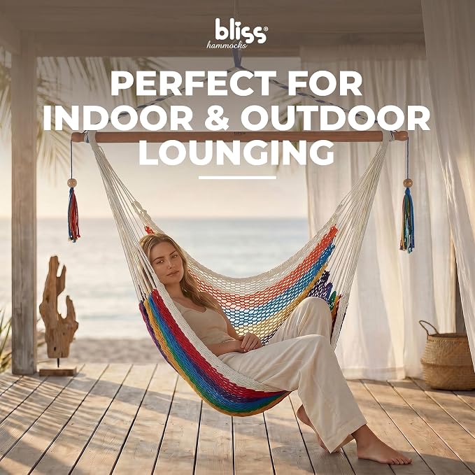 Bliss Hammocks BHC-412 Island Rope Hammock Chair, Eco Friendly & Hand-Woven Recycled Cotton, Varnish Coated 40 Inch Wood Spreader Bar, Easy to Hang w/Included Hanging Kit, Supports up to 265 pounds