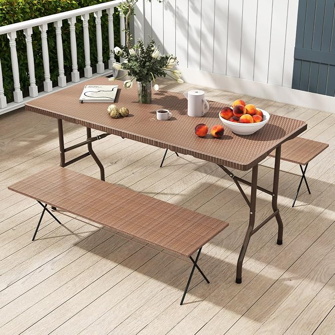 Giantex 5 FT Folding Table, HDPE Foldable Dining Table for 6, Indoor Outdoor Use for Party Banquet Wedding Picnic Camping BBQ, Fold-in-Half Portable Space Saving Design (Brown)