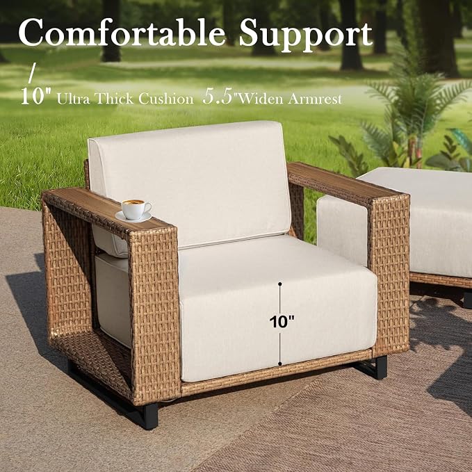 6 Pieces Outdoor Patio Furniture Set, Rocker Chairs and Sofa with 10 inch Thick Cushions and Steel Frame and Wooden Board, PE Rattan Weaving Outdoor Conversation Set Brown/Light Gray Linen