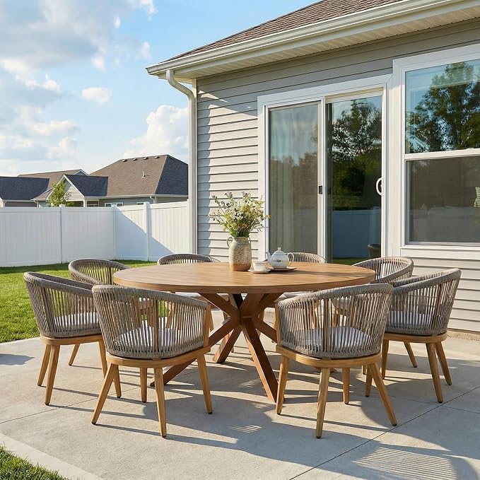 PURPLE LEAF 9-Piece Patio Dining Set with Cushions All-Weather Wicker Deep Teak Round Table and Chairs Teak-Finish Aluminum Frame Outdoor Furniture for Garden Deck Backyard