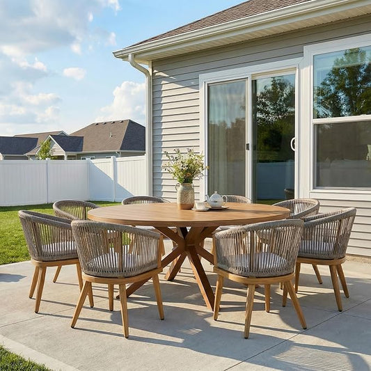 PURPLE LEAF 9-Piece Patio Dining Set with Cushions All-Weather Wicker Deep Teak Round Table and Chairs Teak-Finish Aluminum Frame Outdoor Furniture for Garden Deck Backyard