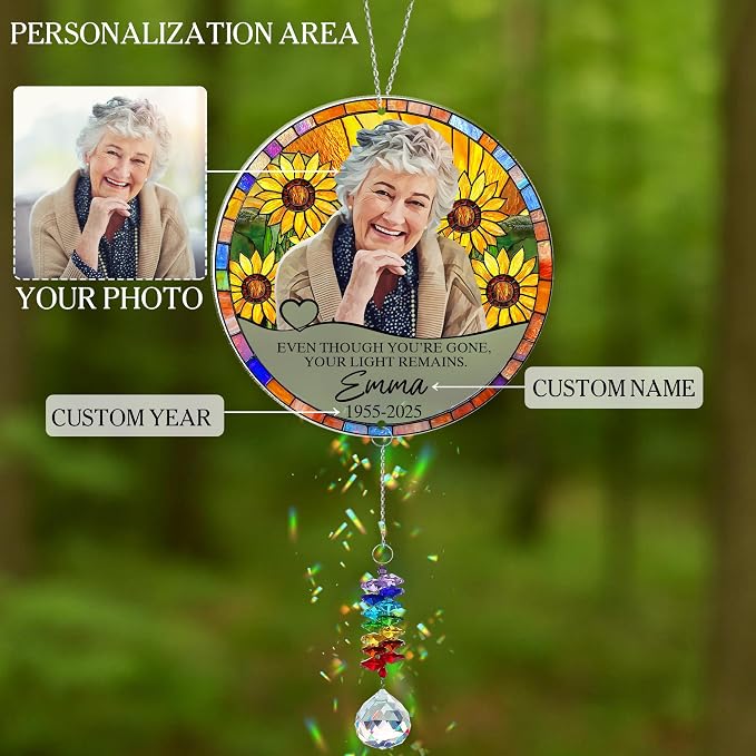 Personalized Photo Memorial Acrylic Window Hanging Suncatcher with Charm - Sympathy Memorial Gift, Loss of Mother, Loss of Father, Custom Photo, Name, Years (Memorial Suncatcher with Charm)