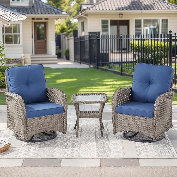 HUMMUH 3-Piece Wicker Swivel Rocking Patio Bistro Set, Grey/Blue | 360-degree swivel, 2-tier side table, UV-proof Olefin fabric, 4-inch sponge cushions, 3-inch armrests