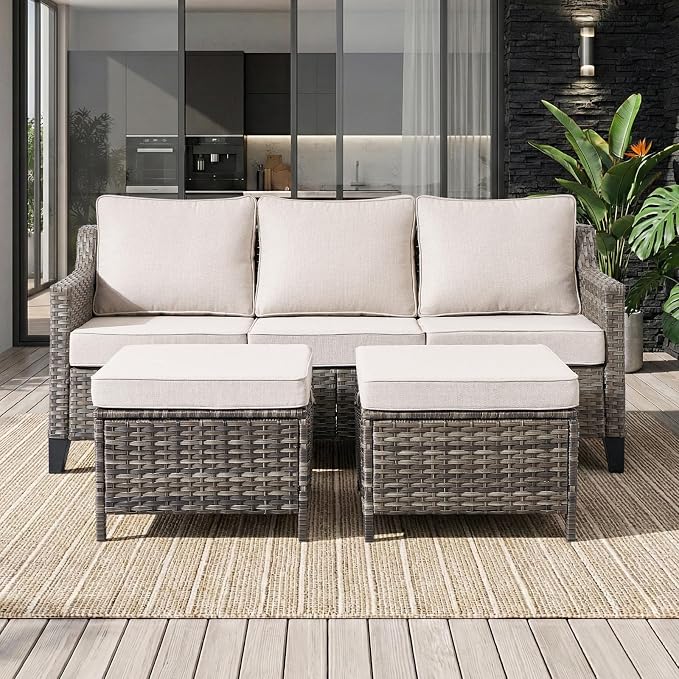 Luxury Patio Furniture Fire Pit Table Set - 5 Pieces All Weather Wicker Outdoor Couch and High Back Swivel Rocker Patio Chairs with fire pit for Deck Yard and Poolside Gray Wicker | Beige Cushions