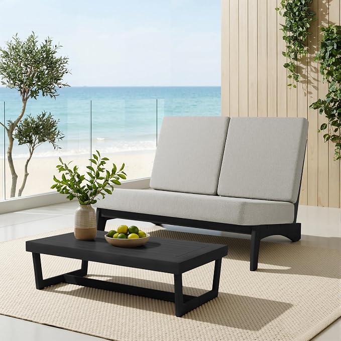 Outdoor Furniture Patio Couch, Weather Resistant Patio Loveseat Sofa Couch with Removable Cushion & Pillows, Black Wood Frame for Porch & Backyard Seating - Light Camel